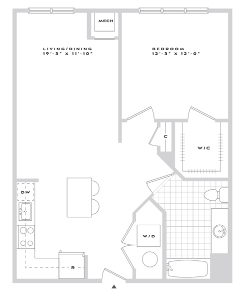 A floor plan of a small apartment with a living room, bedroom, and a kitchen.