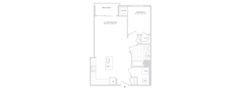 A floor plan of a balcony, living/dining area, and bedroom.