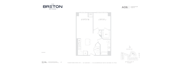 A floor plan for a property at The Breton Bayonne shows a layout with a kitchen, living room, and bathroom.