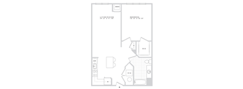 A floor plan of a small apartment with a living room, dining room, and bedroom.