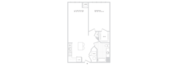 A floor plan of a small apartment with a living room, dining room, kitchen, and bedroom.