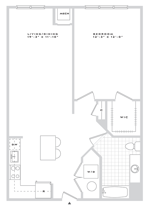 A floor plan of a small apartment with a living room, dining room, kitchen, and bedroom.