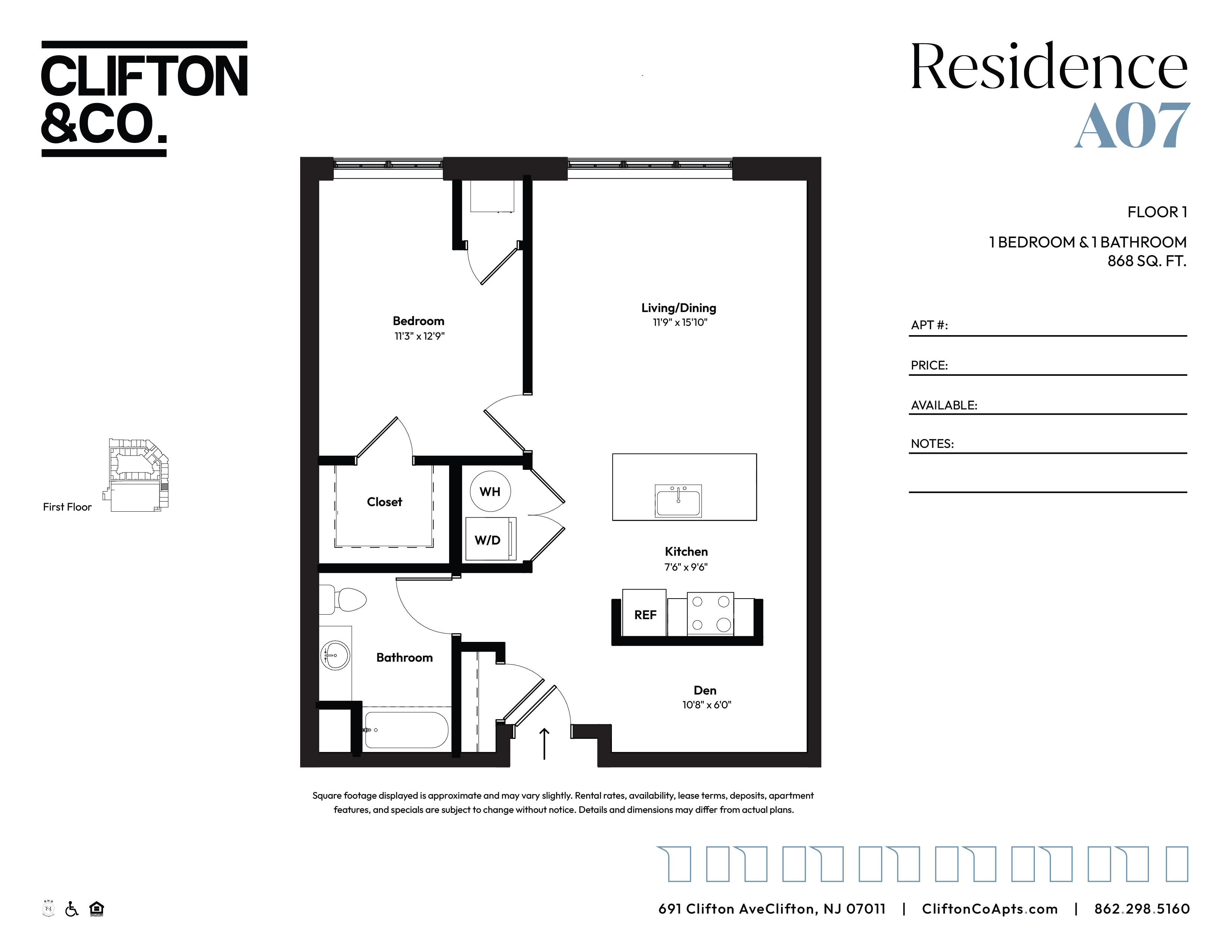 A black and white floor plan for a residence by Clifton & Co.