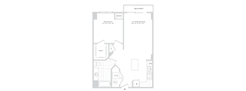 A floor plan of a balcony, bedroom, and living/dining area.
