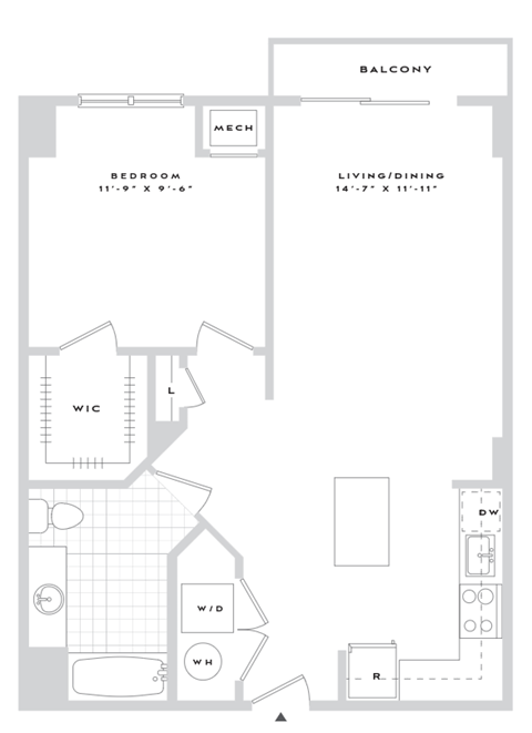 A floor plan of a balcony, bedroom, and living/dining area.