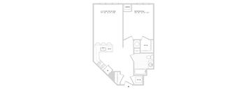 A floor plan of a two-bedroom apartment with a living/dining area and a kitchen.
