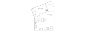 A floor plan of a house with a balcony, bedroom, living/dining area, and a kitchen.