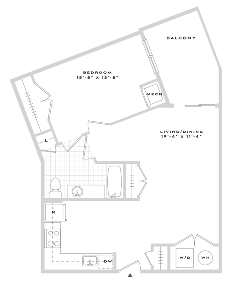 A floor plan of a house with a balcony, bedroom, living/dining area, and a kitchen.