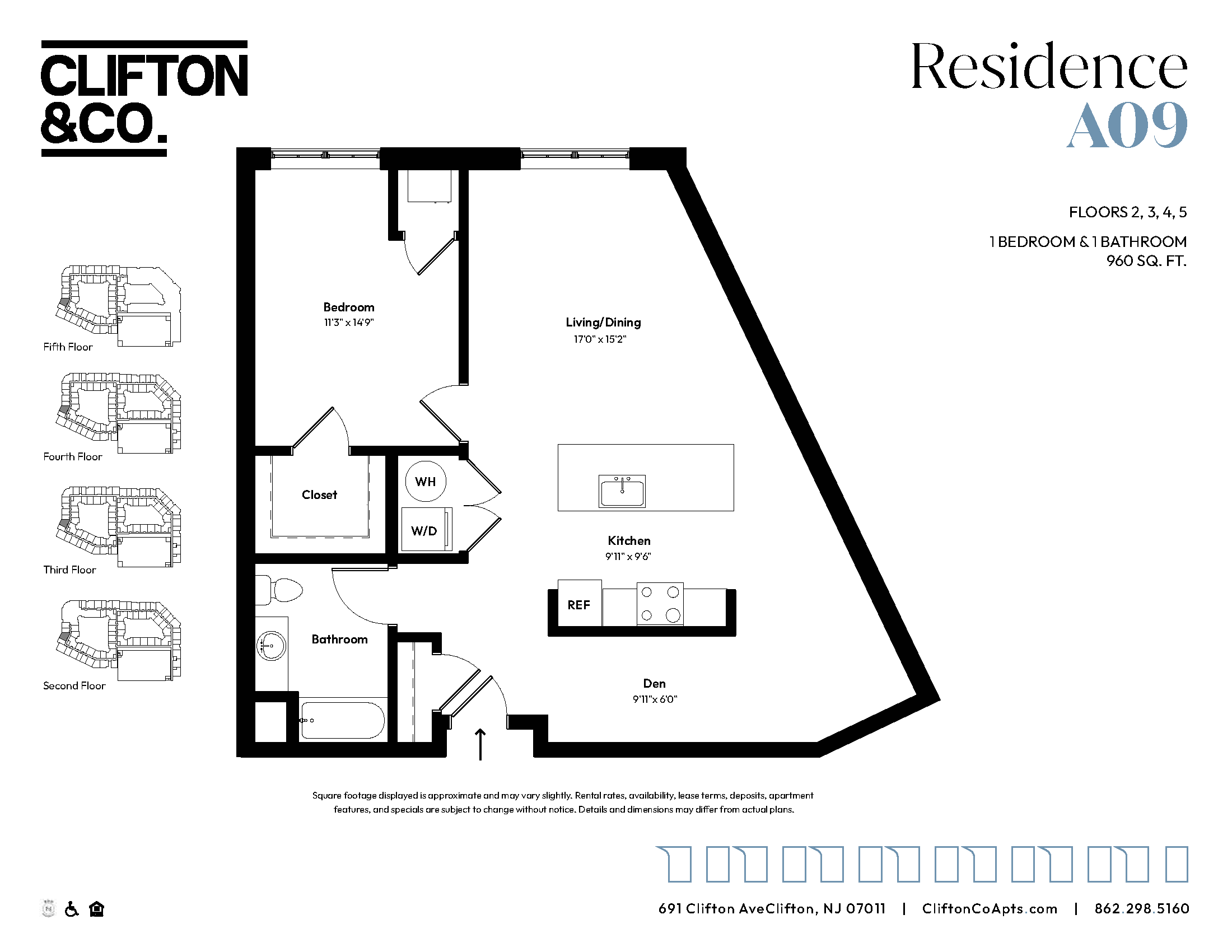 A black and white floor plan for a residence by Clifton & Co.