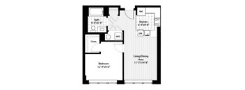 A floor plan of a room with a bedroom, bathroom, kitchen, and living/dining area.