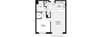 A floor plan of a house with a bedroom, bath, kitchen, and living/dining area.