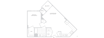 A floor plan of a house with a balcony, living/dining area, and a bedroom.