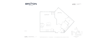 A floor plan for a property at The Breton Bayonne shows a layout with a kitchen, living room, and bathrooms.