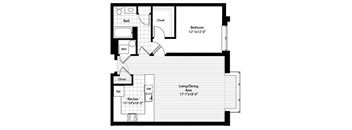 A black and white image of a floor plan for a small apartment.