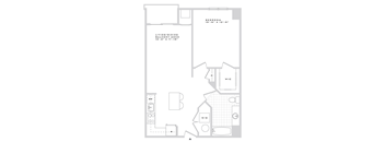 A floor plan of a bedroom, living/dining balcony, and a WC.