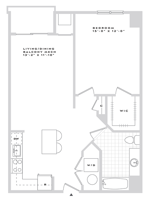 A floor plan of a bedroom, living/dining balcony, and a WC.