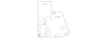A floor plan of a small apartment with a bedroom, living room, and kitchen.