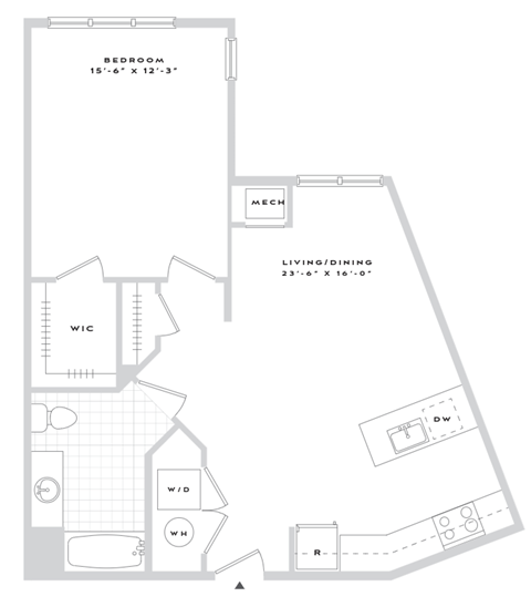 A floor plan of a small apartment with a bedroom, living room, and kitchen.