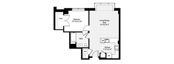 A floor plan of a house with a bedroom, bathroom, living/dining area, kitchen, and closet.