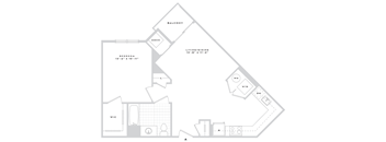 A floor plan of a house with a balcony, living/dining area, and a kitchen.