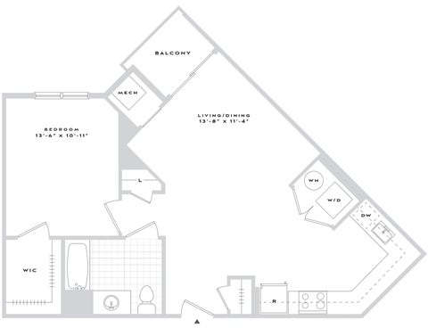 A floor plan of a house with a balcony, living/dining area, and a kitchen.