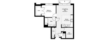 A black and white image of a floor plan for a home with a bedroom, living/dining area, kitchen, bath, and closet.