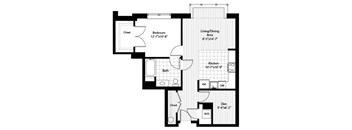 A black and white image of a floor plan for a house with a bedroom, bathroom, living/dining area, kitchen, and den.