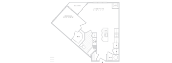 A floor plan of a home with a living area, bedroom, and bathroom.