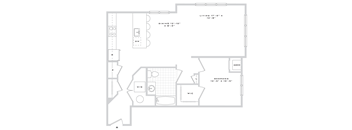 A floor plan of a living space and kitchen area.