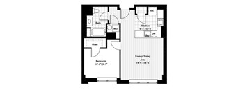 A floor plan of a house with a bedroom, bathroom, kitchen, living/dining area, and closet.