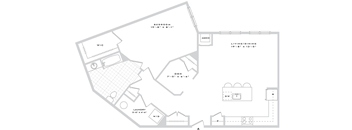 A floor plan of a house with a bedroom, living room, and laundry room.