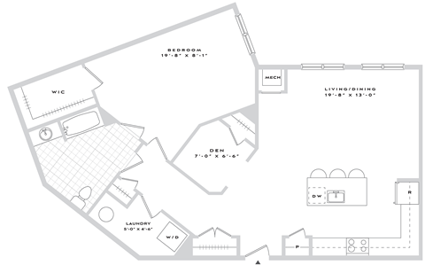 A floor plan of a house with a bedroom, living room, and laundry room.