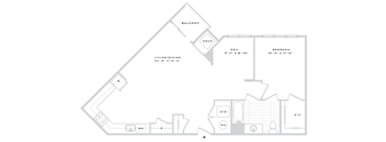 A floor plan of a house with a living room, dining room, kitchen, and two bedrooms.