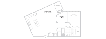A floor plan of a house with a balcony, living room, dining room, bedroom, and bathroom.