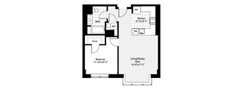 A floor plan of a house with a bedroom, bathroom, kitchen, living/dining area, and closet.
