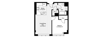 A floor plan of a house with a kitchen, living/dining area, bedroom, bath, and closet.