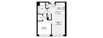 A floor plan of a room with a bed, bath, kitchen, and living/dining area.