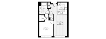 A floor plan of a house with a bedroom, bathroom, kitchen, living/dining area, and a reference note.