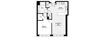 A black and white image of a floor plan for a small apartment.