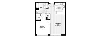 A black and white image of a floor plan for a home with a bedroom, bathroom, kitchen, living/dining area, and closet.