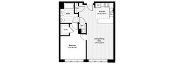 A floor plan of a room with a bedroom, bath, kitchen, and living/dining area.