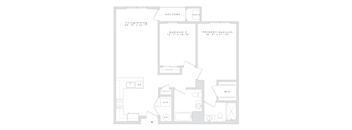 A floor plan of a home with a living/dining area, two bedrooms, a bathroom, a kitchen, and a workspace.