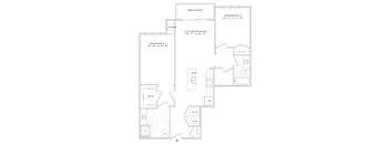 A floor plan of a balcony, living/dining area, and two bedrooms.