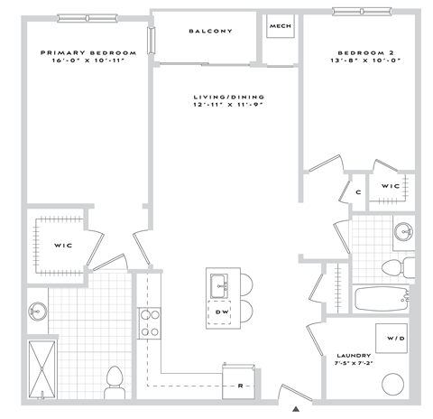 A floor plan of an apartment with a primary bedroom, a living/dining area, a bedroom 2, a balcony, a mech, and a W/D.