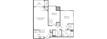 A floor plan of a home with a deck, two bedrooms, a living/dining room, a kitchen, a washer/dryer, and a bathroom.
