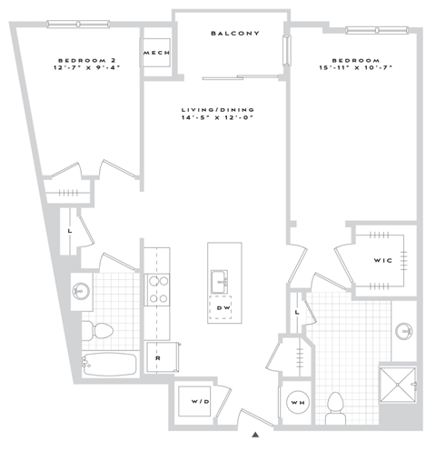 A floor plan of a house with three bedrooms and a living area.