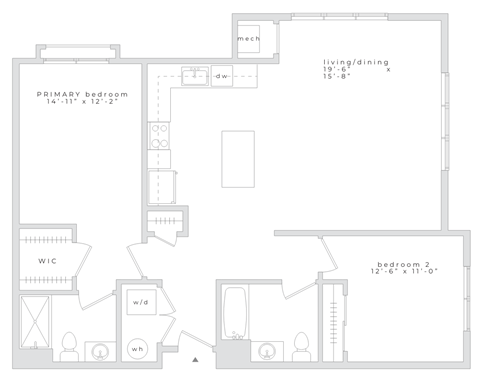A floor plan of a house with a living/dining room, primary bedroom, and a bathroom.