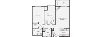 A black and white floor plan of a house with two bedrooms, a living room, a kitchen, and a bathroom.