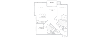 A floor plan of a house with a living room, dining room, two bedrooms, and a balcony.
