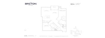 A floor plan for a property at The Breton Bayonne shows a bedroom, living room, and kitchen.